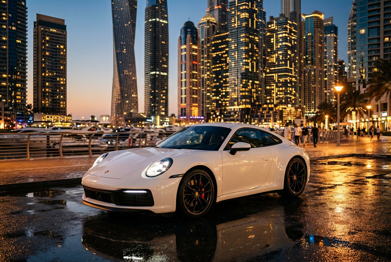 Luxury sports car in Dubai Marina at night